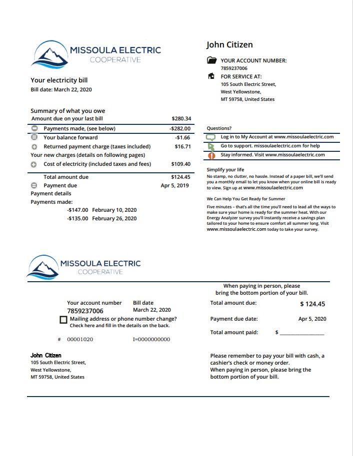 USA Montana Missoula Electric Cooperative electricity utility bill template in Word and PDF format